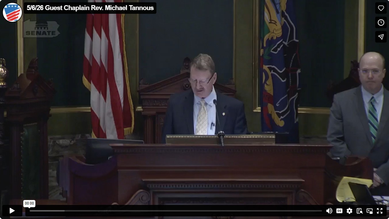 Screenshot of vimeo for Sen. Pennycuick's floor remarks for Guest Chaplain Rev. Michael Tannous.