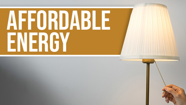 Hand pulling chain to turn on lamp, with text reading “Affordable Energy.